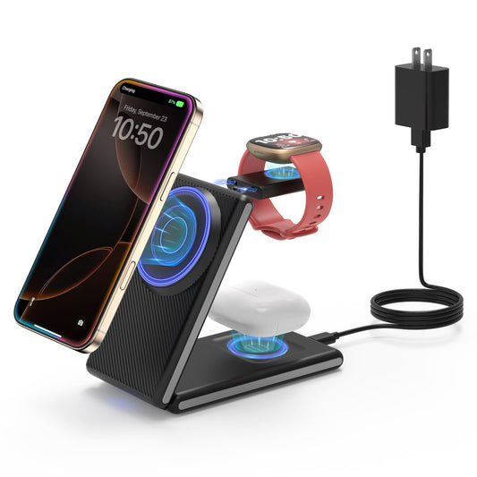 GEEKERA 3-in-1 Mag Charger, Foldable for iPhone 15-12 Pro Max, Fitbit Versa 4/Sense 2, AirPods 3/Pro