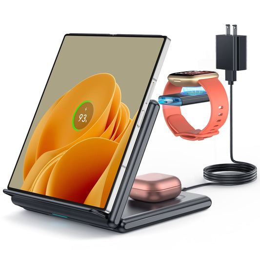 GEEKERA 3-in-1 Samsung charger, foldable for Z Flip/Fold 6-3, S24-S20, Fitbit Versa 4/Sense 2, Buds 2 Pro