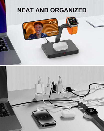 GEEKERA 3-in-1 Mag Charger, Fast Dock for iPhone 15-12 Pro Max, Watch 9-2, AirPods 3-2/Pro
