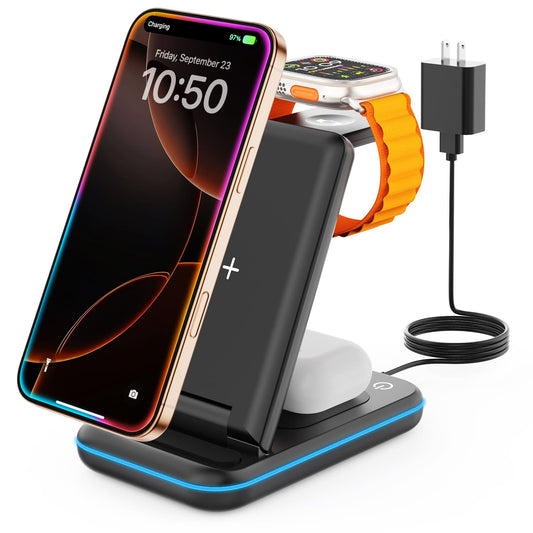 GEEKERA 3-in-1 Wireless Charger, Foldable Stand for iPhone 16-11, Apple Watch Ultra-5, AirPods Pro-2