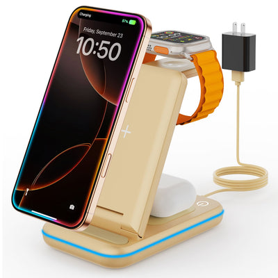 GEEKERA 3-in-1 Wireless Charger, Foldable Stand for iPhone 16-11, Apple Watch Ultra-5, AirPods Pro-2