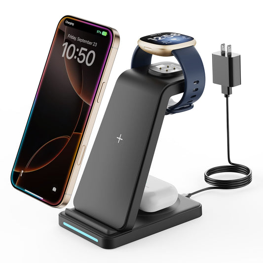 GEEKERA 3-in-1 Charger for Fitbit Sense 2/Versa 4, iPhone, Samsung, Pixel, AirPods 3/2