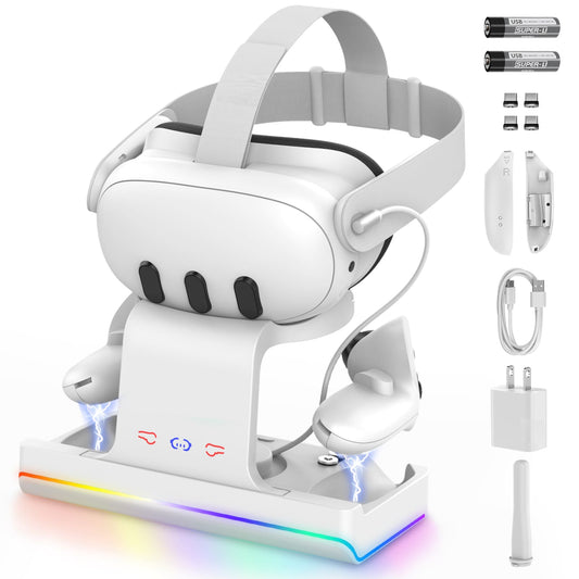 GEEKERA Quest 3 Charging Dock, VR Stand, RGB Light, 2 Batteries, Fast Charger