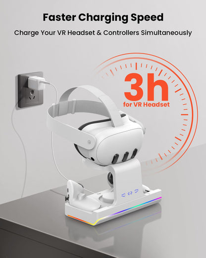 GEEKERA Quest 3 Charging Dock, VR Stand, RGB Light, 2 Batteries, Fast Charger