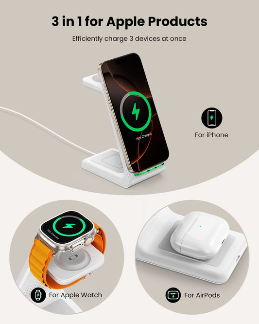 GEEKERA 3 in 1 Wireless Charging Station for Apple, Fast Wireless Charger Stand Dock for iPhone