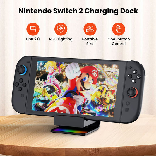 GEEKERA Switch 2 Charging Dock with RGB Lights & Type-C Cable – Portable Charger & Accessory