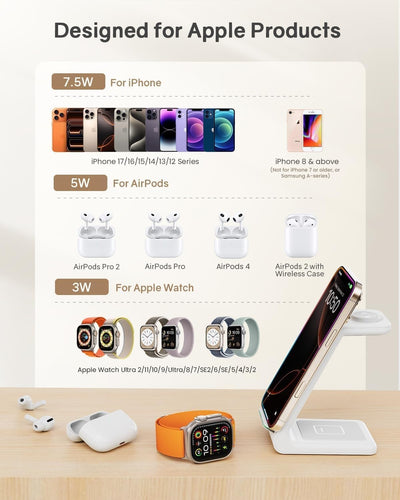 GEEKERA 3 in 1 Wireless Charging Station for Apple, Fast Wireless Charger Stand Dock for iPhone
